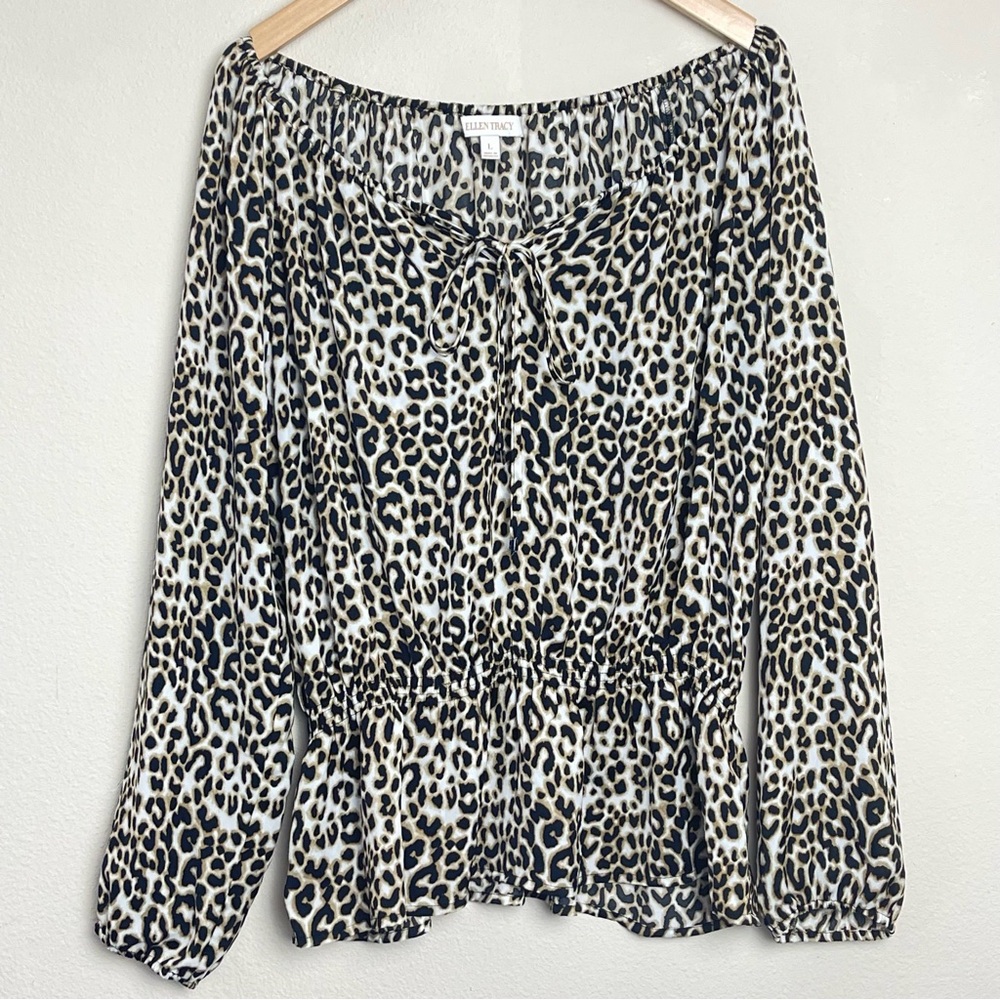 ELLEN TRACY Leopard Print Peasant Top Blouse | L